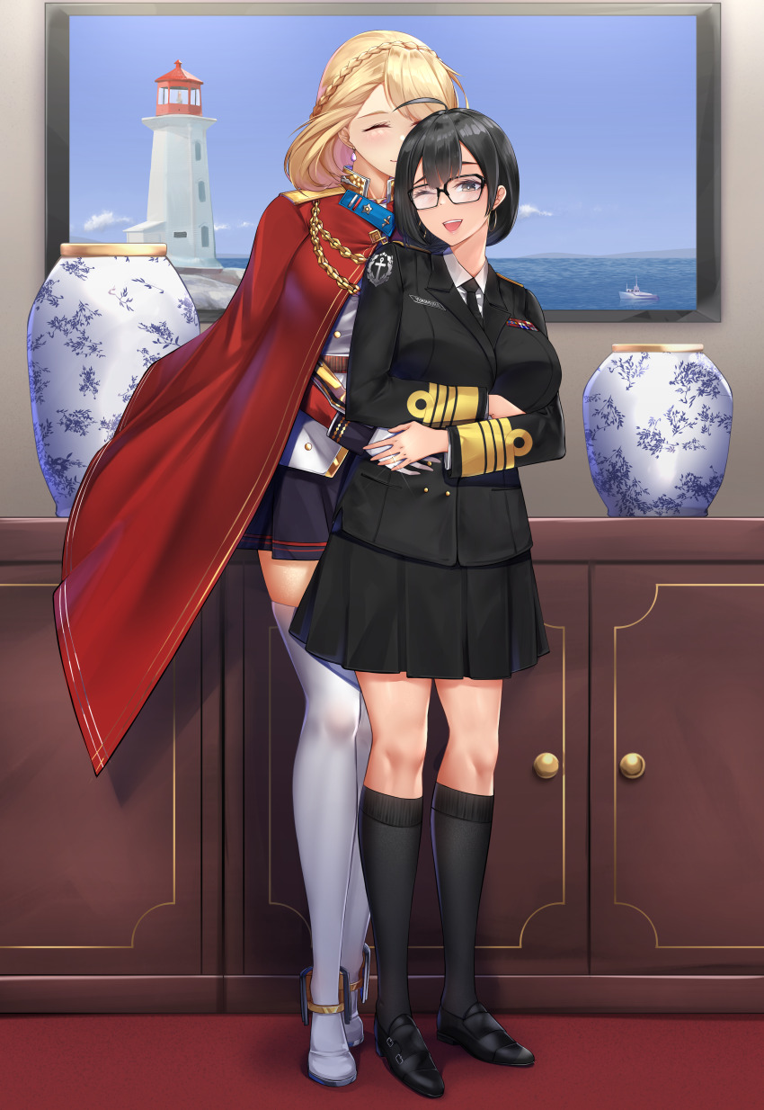 2girls, absurdres, ahoge, azur_lane, boat, braid, cabinet, cloak