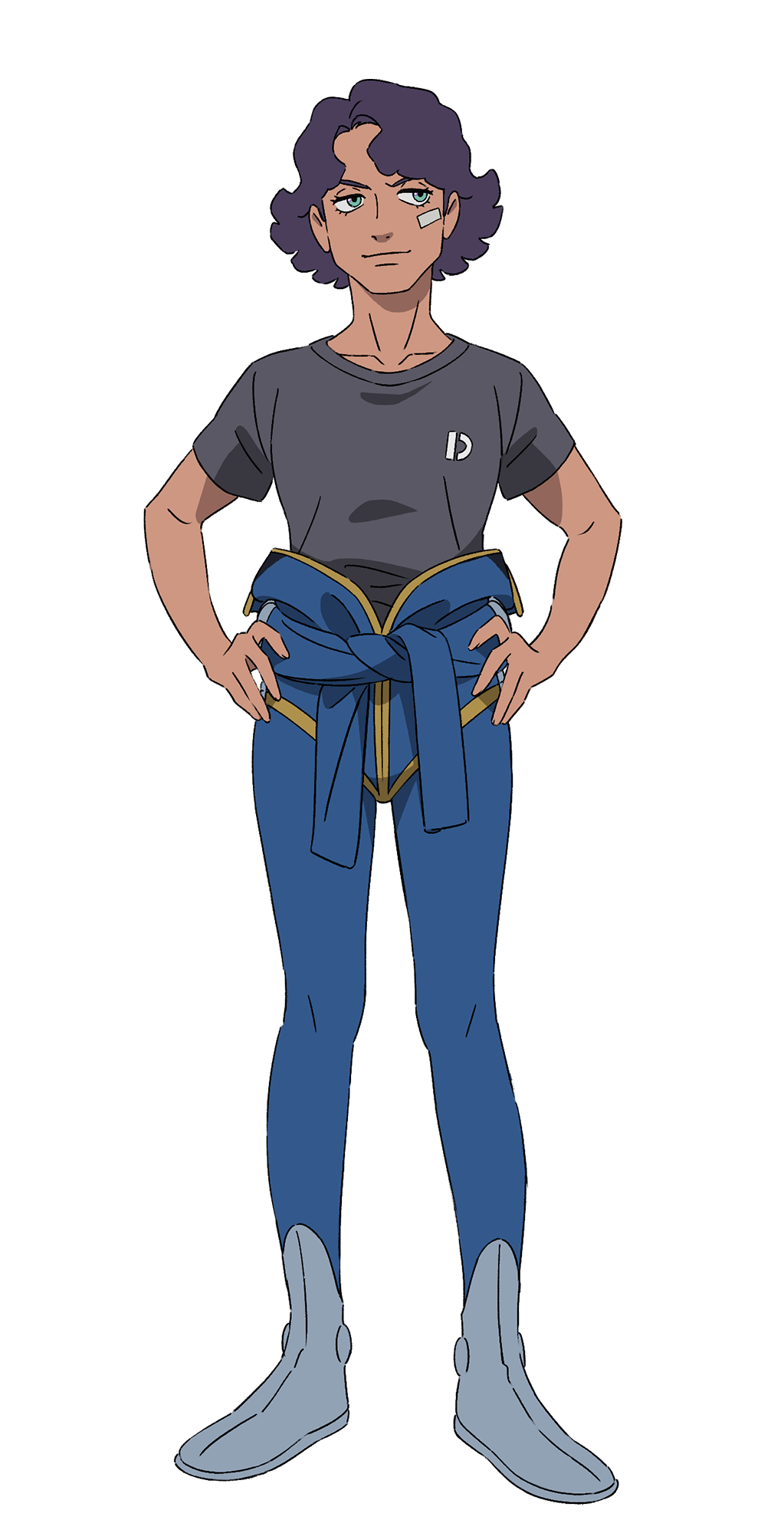 1boy, bandaid, bandaid_on_cheek, bandaid_on_face, blue_pants, bocata_(gquuuuuux), boots, clothes_around_waist, dark_skin, full_body, grey_boots, gundam, gundam_gquuuuuux, hands_on_own_hips, highres, jumpsuit, male_focus, messy_hair, official_art, pants, purple_hair, shirt, short_hair, simple_background, smile, solo, standing, t-shirt, transparent_background