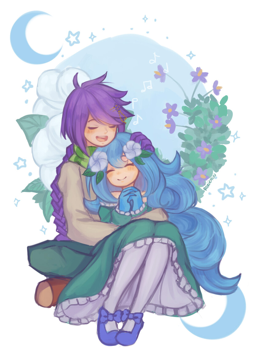 1boy, 1girl, :d, ^_^, absurdres, antenna_hair, blue_background, blue_bow