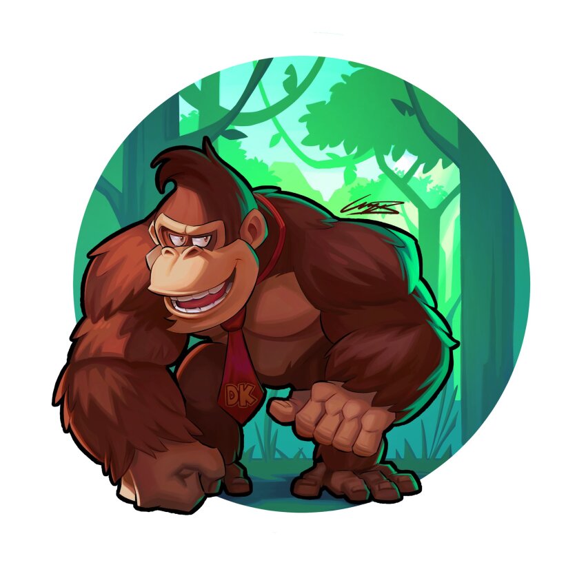 1boy, brown_fur, donkey_kong, donkey_kong_(series), furry, furry_male, highres, looking_at_viewer, necktie, nintendo, open_mouth, psyoui, red_necktie, signature, solo, teeth, tree