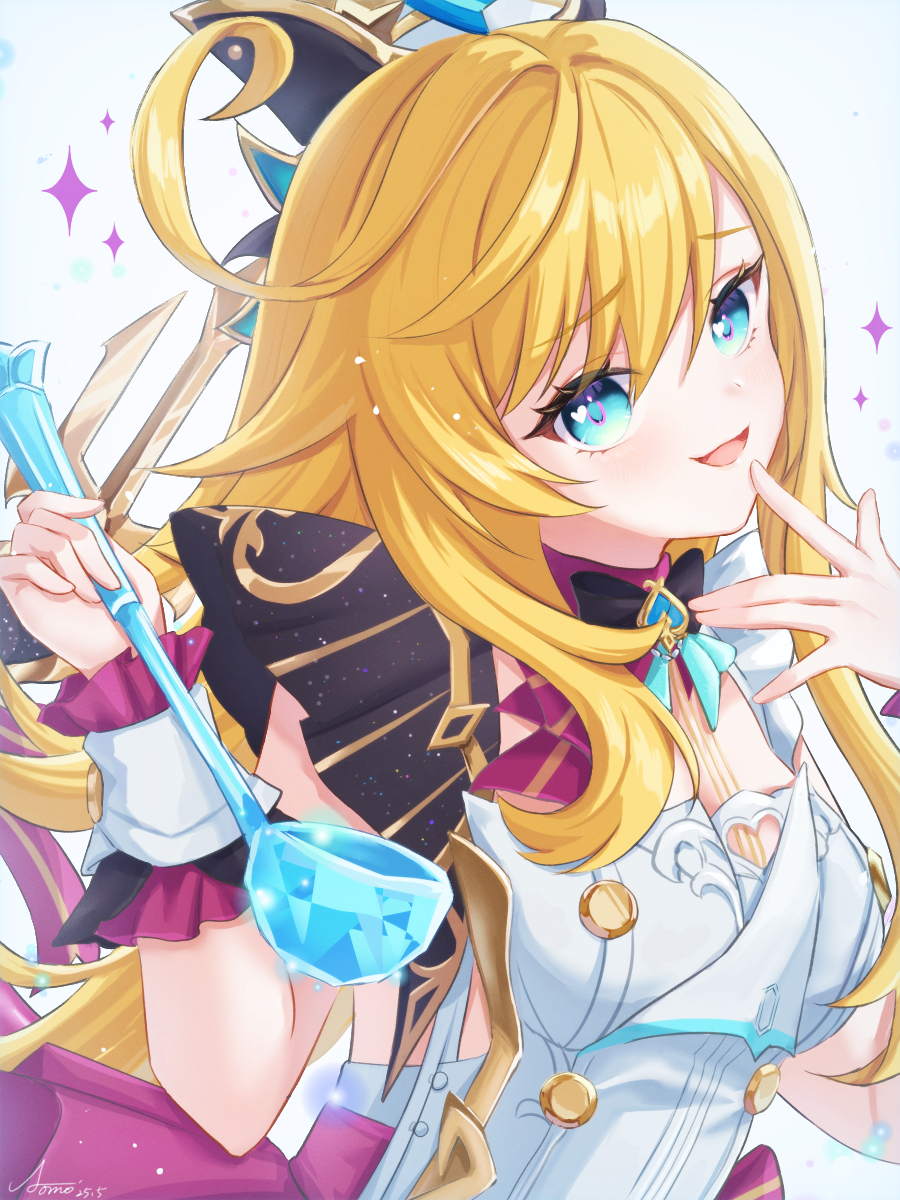 1girl, aomo, artist_name, black_bow, black_bowtie, blonde_hair, blue_eyes, bow