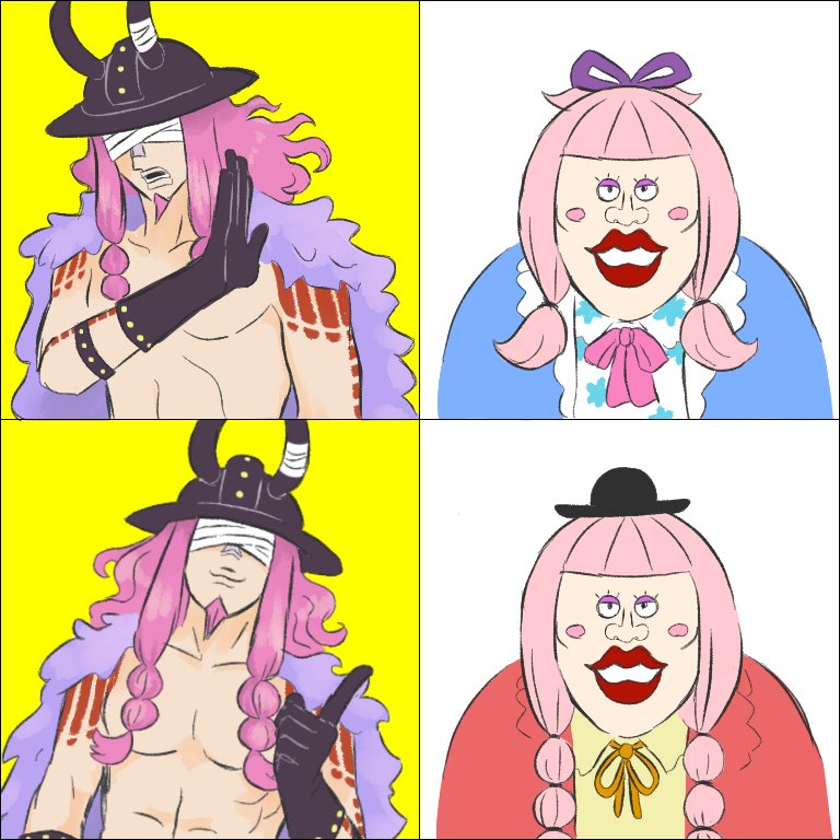 1boy, 2girls, bandages, bandages_over_eyes, black_gloves, black_hat, blunt_bangs, blush_stickers, braid, braided_sidelock, charlotte_chiffon, commentary_request, cyu_se, drakeposting_(meme), eyelashes, facial_hair, fake_horns, gloves, goatee, hair_ribbon, hat, helmet, horned_helmet, horns, loki_(one_piece), lola_(one_piece), long_hair, meme, multiple_girls, one_piece, pink_hair, red_lips, ribbon, siblings, sisters, twintails, upper_body