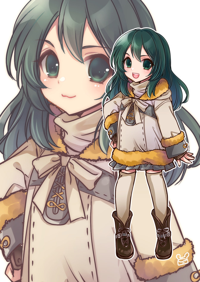 1girl, coat, green_eyes, green_hair, happy, long_hair, looking_at_viewer, mabinogi, miniskirt, skirt, tanilliem_(mabinogi), tepaoh888, thighhighs