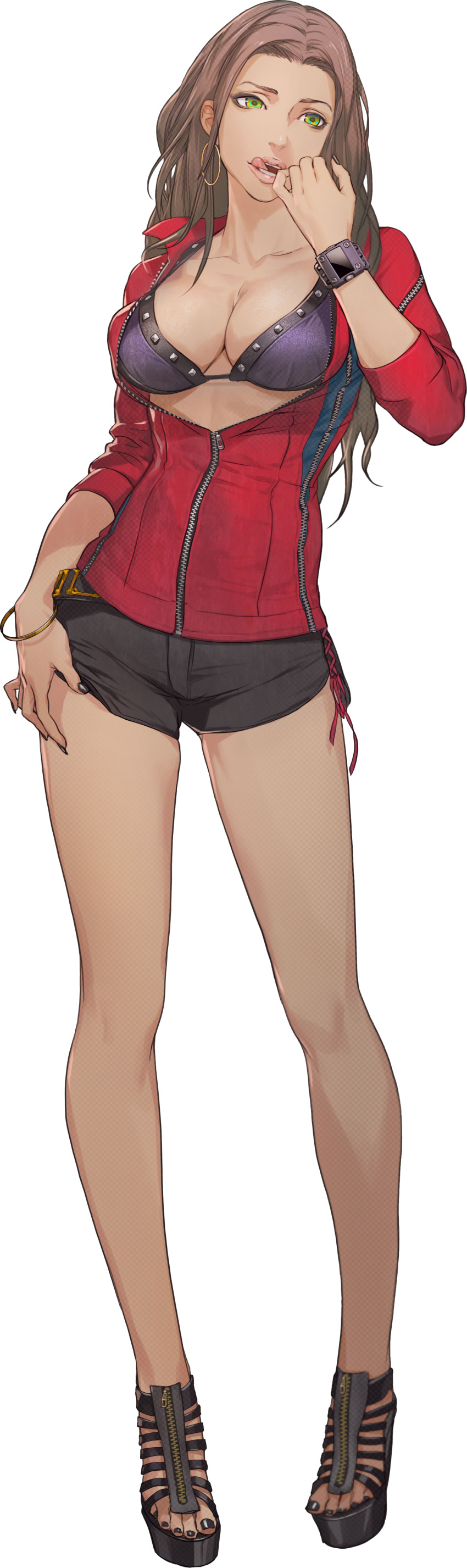 1girl, absurdres, belt, black_belt, black_nails, black_shoes, black_shorts, bra, bracelet, breasts, brown_hair, cleavage, earrings, eyelashes, full_body, green_eyes, hand_on_own_leg, highres, hoop_earrings, jacket, jewelry, kyokugen_dasshutsu, large_breasts, lips, long_hair, mira_(kyokugen_dasshutsu), nail_polish, official_art, open_mouth, partially_unzipped, purple_bra, red_jacket, shoes, short_shorts, shorts, solo, teeth, third-party_source, toenail_polish, toenails, tomono_rui, tongue, tongue_out, transparent_background, underwear, watch, wristwatch, zero_escape:_toki_no_dilemma, zipper