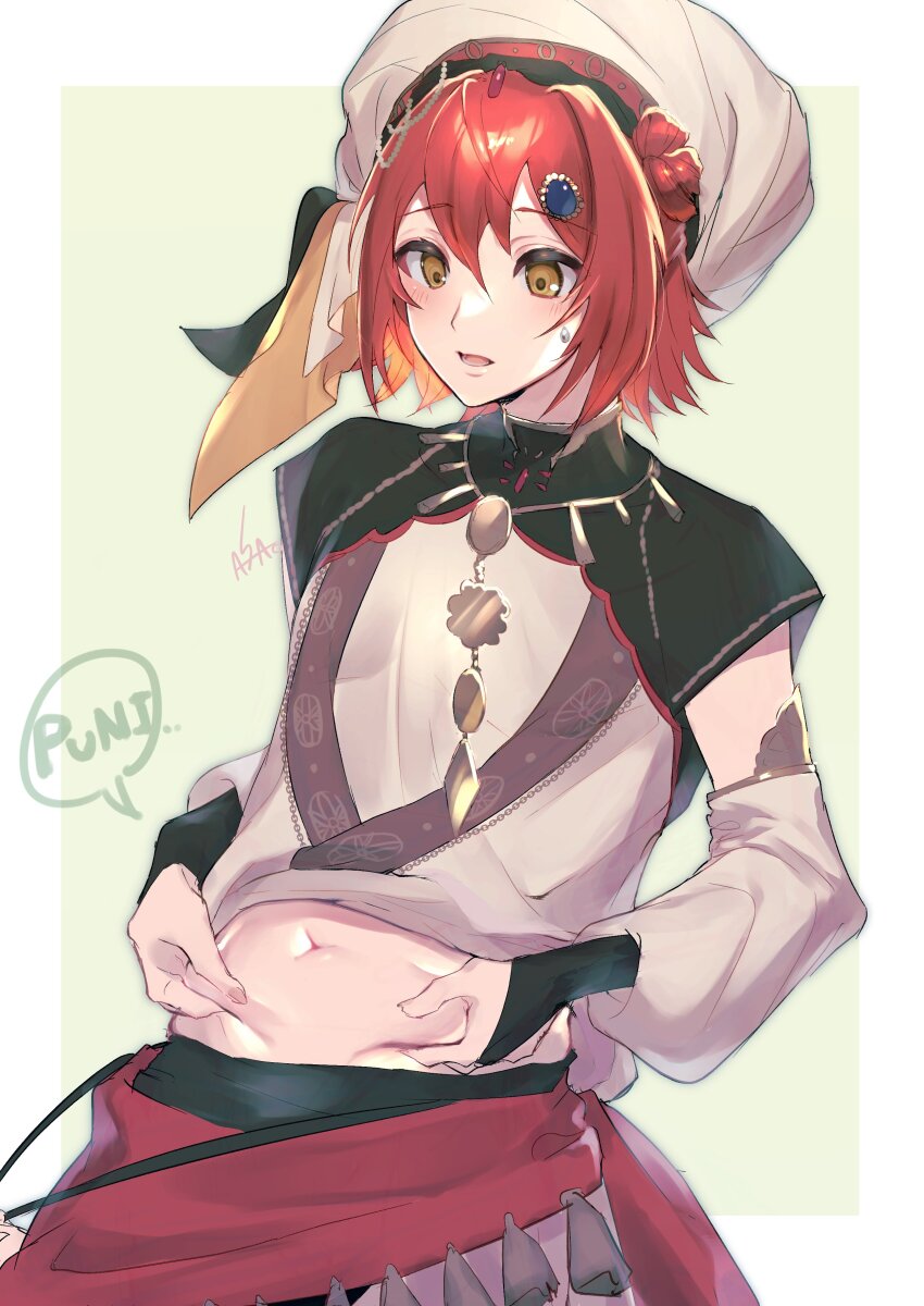 1boy, :d, absurdres, arabian_clothes, asagiri0700, black_bridal_gauntlets, border, bridal_gauntlets