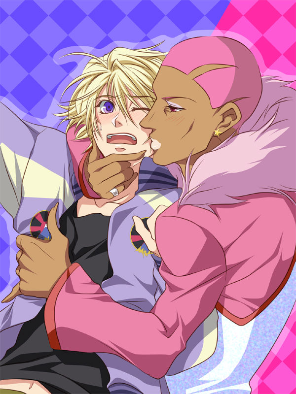 10s, 2boys, bad_id, bad_pixiv_id, blonde_hair, checkered_background, dark-skinned_male, dark_skin