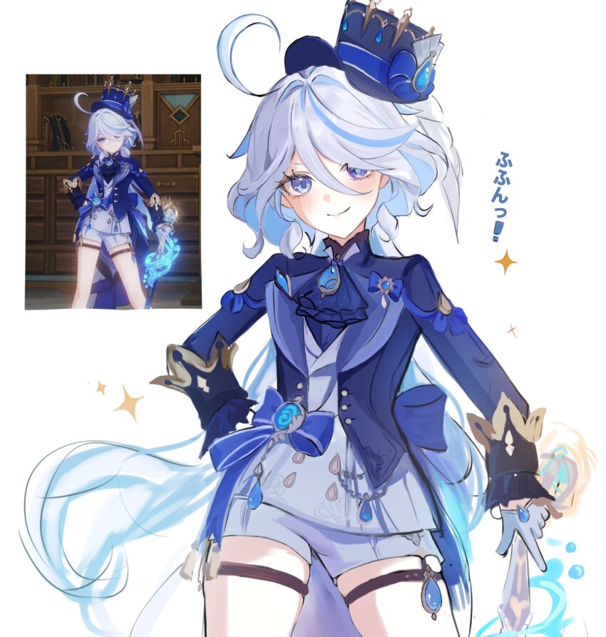 1girl, ahoge, ascot, blue_ascot, blue_coat, blue_eyes, blue_hair, blue_hat