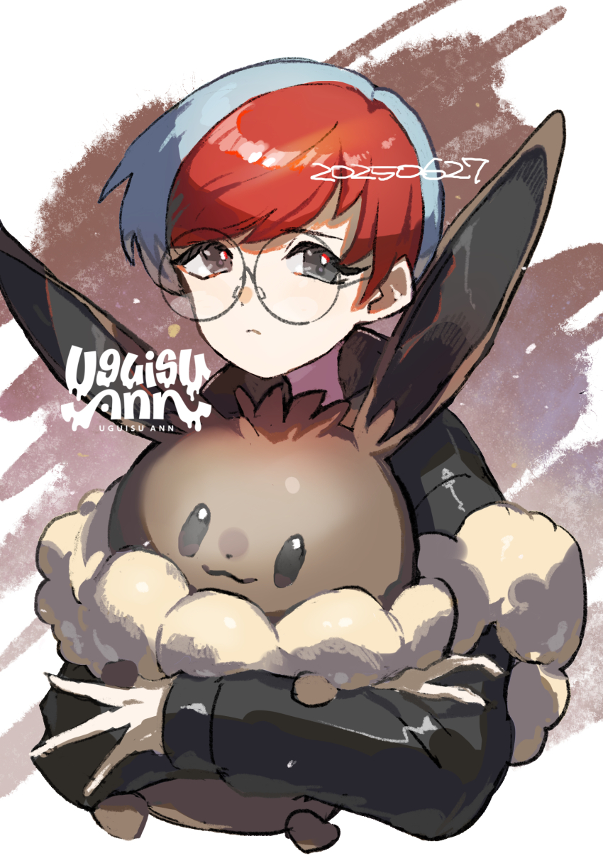 1girl, bag, black_jacket, blue_hair, brown_bag, closed_mouth, commentary_request, dated