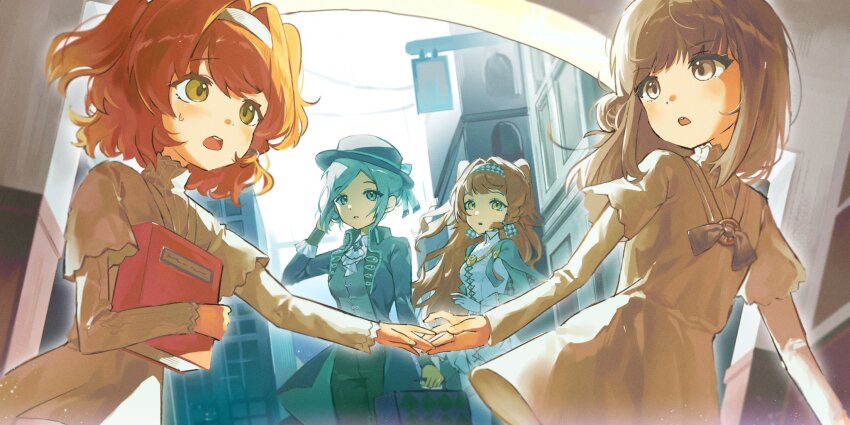 4girls, :o, aged_down, ascot, black_bow, black_bowtie, black_coat, black_hat