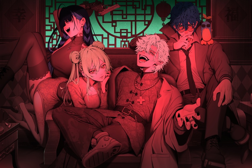 2boys, 2girls, aqua_eyes, black_nails, breasts, brown_hair, china_dress, chinese_clothes, cigarette, couch, cross, cross_necklace, crossed_legs, double_bun, dress, enigma_(nijisanji), fangs, furen_e_lustario, gun, hair_bun, hair_over_one_eye, handgun, highres, holding, holding_gun, holding_weapon, jewelry, kuzuha_(nijisanji), large_breasts, leos_vincent, long_hair, looking_at_viewer, maou_(demonlord), meloco_kyoran, multiple_boys, multiple_girls, necklace, nijisanji, nijisanji_en, on_couch, parted_lips, pill, pointy_ears, purple_eyes, purple_hair, red_eyes, short_hair, sitting, smoking, snake_tattoo, sunglasses, tattoo, thighhighs, virtual_youtuber, weapon, white_hair