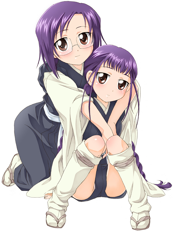 00s, 2girls, amaenaideyo!!, blush, braid, brown_eyes, glasses, hug