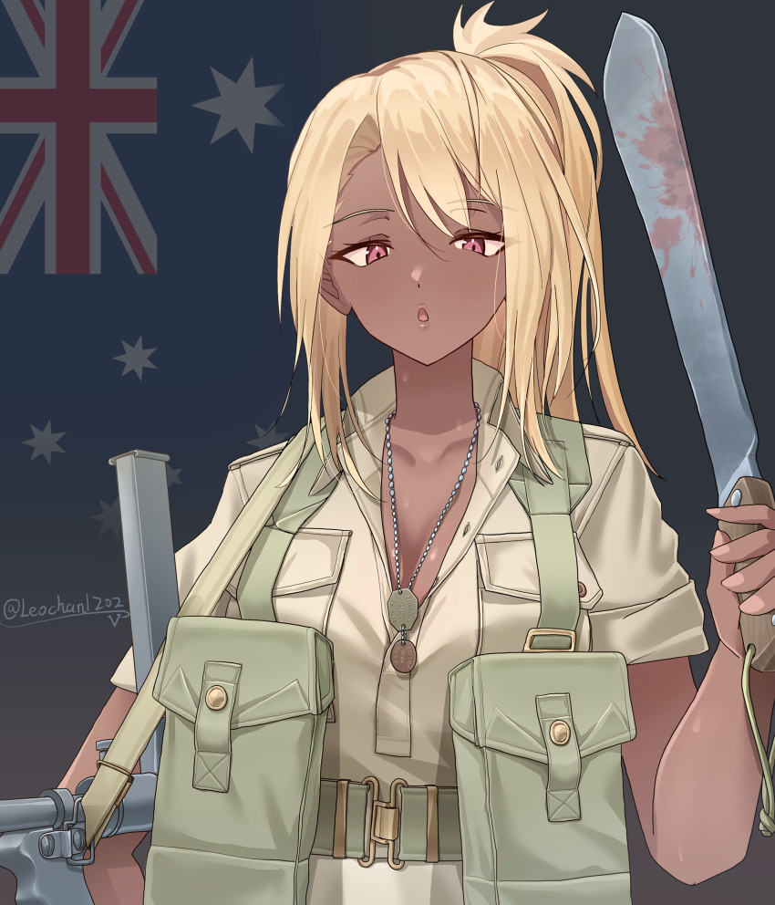 1girl, absurdres, ammunition_pouch, artist_name, australian_flag, belt, blonde_hair, blood