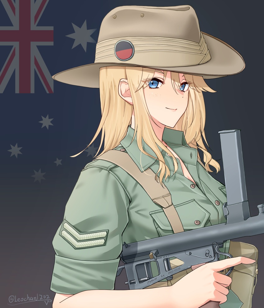 1girl, absurdres, ammunition_pouch, artist_name, australia, australian_flag, blonde_hair, blue_eyes, breast_pocket, closed_mouth, collared_shirt, commentary, flag_background, green_shirt, gun, hat_ornament, highres, leochan1202, long_hair, looking_at_viewer, military, military_rank_insignia, military_uniform, original, owen_gun, pocket, pouch, shirt, sleeves_rolled_up, slouch_hat, smile, solo, submachine_gun, trigger_discipline, upper_body, weapon, world_war_ii