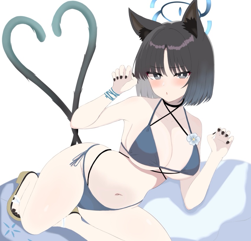 1girl, animal_ear_fluff, animal_ears, bare_shoulders, bikini, black_choker, black_eyes, black_hair, black_nails, blue_archive, blue_bikini, blue_halo, blush, breasts, bright_pupils, cat_ears, cat_girl, cat_tail, chinoha_usagi, choker, claw_pose, cleavage, collarbone, commentary_request, criss-cross_halter, curvy, eyes_visible_through_hair, flower, halo, halterneck, hands_up, heart_tail_duo, highres, kikyou_(blue_archive), kikyou_(swimsuit)_(blue_archive), knees_out_of_frame, large_breasts, looking_at_viewer, multiple_tails, nail_polish, navel, official_alternate_costume, parted_lips, sandals, short_hair, side-tie_bikini_bottom, simple_background, solo, straight_hair, swimsuit, tail, tail_raised, thick_thighs, thighs, toenail_polish, toenails, two_tails, v-shaped_eyebrows, white_background, white_flower, white_pupils