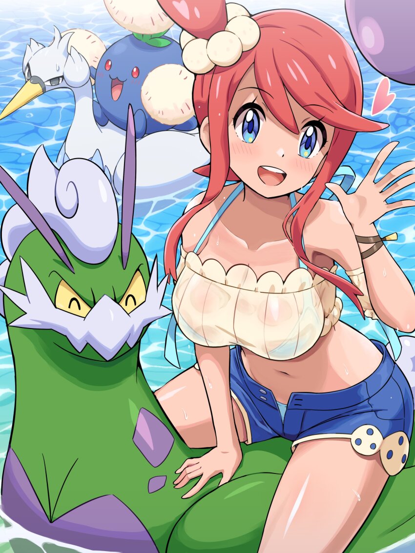 1girl, :d, absurdres, bikini, bikini_bottom_under_shorts, bikini_under_clothes, blue_eyes, blue_shorts, breasts, crop_top, gen_2_pokemon, gen_5_pokemon, hand_up, heart, highres, jumpluff, large_breasts, legendary_pokemon, nintendo, official_alternate_costume, one_side_up, open_fly, open_hand, open_mouth, pokemoa, pokemon, pokemon_(creature), pokemon_masters_ex, red_hair, riding, riding_pokemon, short_shorts, shorts, sitting, skyla_(pokemon), skyla_(summer_2025)_(pokemon), smile, soaking_feet, swanna, swimsuit, tan, thighs, tornadus, tornadus_(therian), water