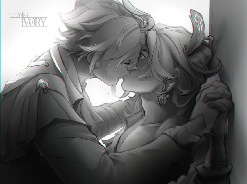 2boys, adam's_apple, alhaitham_(genshin_impact), artist_name, bleedingivory, closed_eyes, collarbone, collared_shirt, commentary, earrings, english_commentary, feather_hair_ornament, feathers, genshin_impact, greyscale, hair_ornament, highres, holding_hands, interlocked_fingers, jacket, jewelry, kaveh_(genshin_impact), kiss, long_sleeves, looking_at_another, male_focus, monochrome, multiple_boys, parted_hair, piercing, profile, shirt, short_hair, upper_body, wavy_hair, yaoi