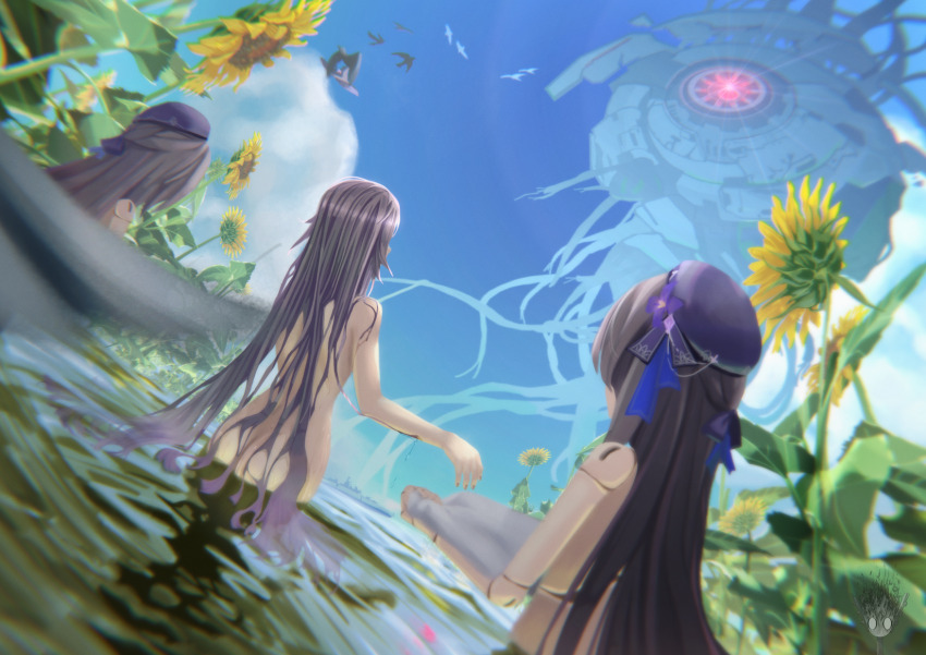 3girls, ass, blue_sky, cloud, commentary_request, completely_nude, doll_joints, dual_persona, dutch_angle, flower, from_behind, grey_hair, hat, herta_(honkai:_star_rail), herta_(puppet)_(honkai:_star_rail), highres, holding, holding_towel, honkai:_star_rail, honkai_(series), joints, long_hair, looking_at_another, multiple_girls, nous_(honkai:_star_rail), nude, outdoors, pond, purple_hat, same-sex_bathing, shared_bathing, sky, sunflower, tai_matsu_aki, the_herta_(honkai:_star_rail), towel, very_long_hair, water, wet, wet_hair