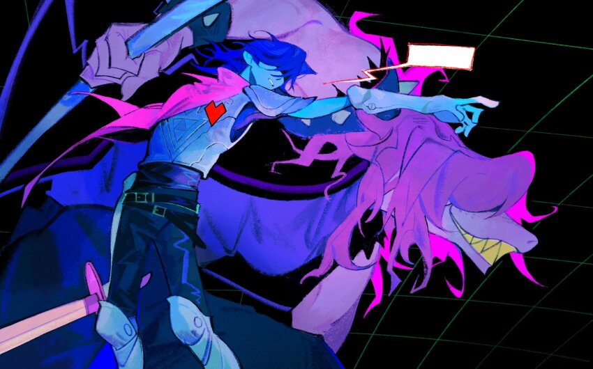 1girl, 1other, armor, blue_hair, blue_skin, bourbonciely, bracelet, cape