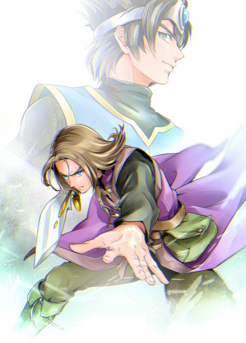 2boys, ancestor_and_descendant, aqua_eyes, black_hair, black_shirt, blue_gem, brown_hair, chromatic_aberration