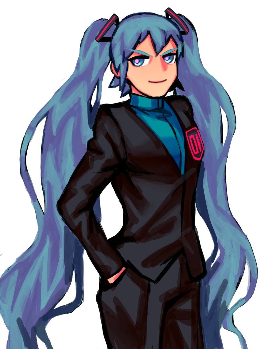 1girl, blue_eyes, blue_hair, cosplay, cowboy_shot, giovanni_(pokemon), giovanni_(pokemon)_(cosplay), grin