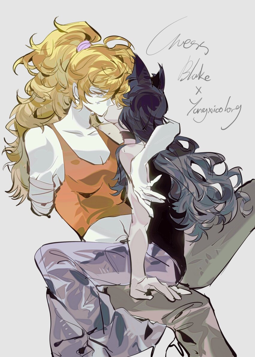 2girls, amputee, animal_ears, arm_around_neck, black_hair, blake_belladonna, blonde_hair, cat_ears, character_name, closed_eyes, commentary, grey_background, grey_pants, guess1023, hand_on_another's_thigh, highres, long_hair, multiple_girls, orange_tank_top, pants, ponytail, rwby, simple_background, sitting, sitting_on_lap, sitting_on_person, tank_top, tears, yang_xiao_long, yuri
