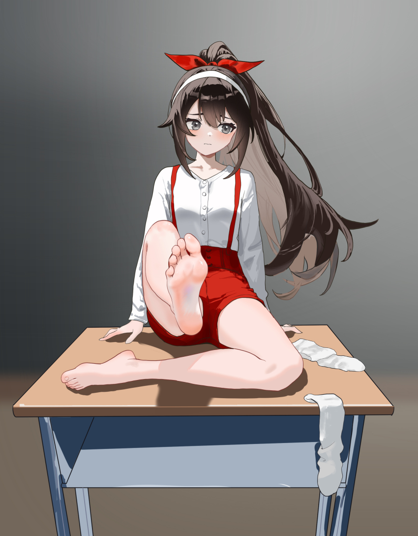 1girl, absurdres, barefoot, blush, brown_hair, desk, feet, fu_nan_lao_bai_he_naicha