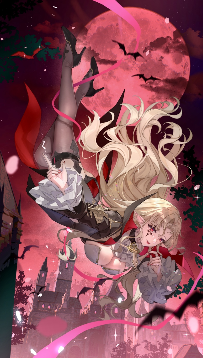 1girl, absurdres, architecture, ascot, bat_(animal), black_coat, black_collar, black_thighhighs