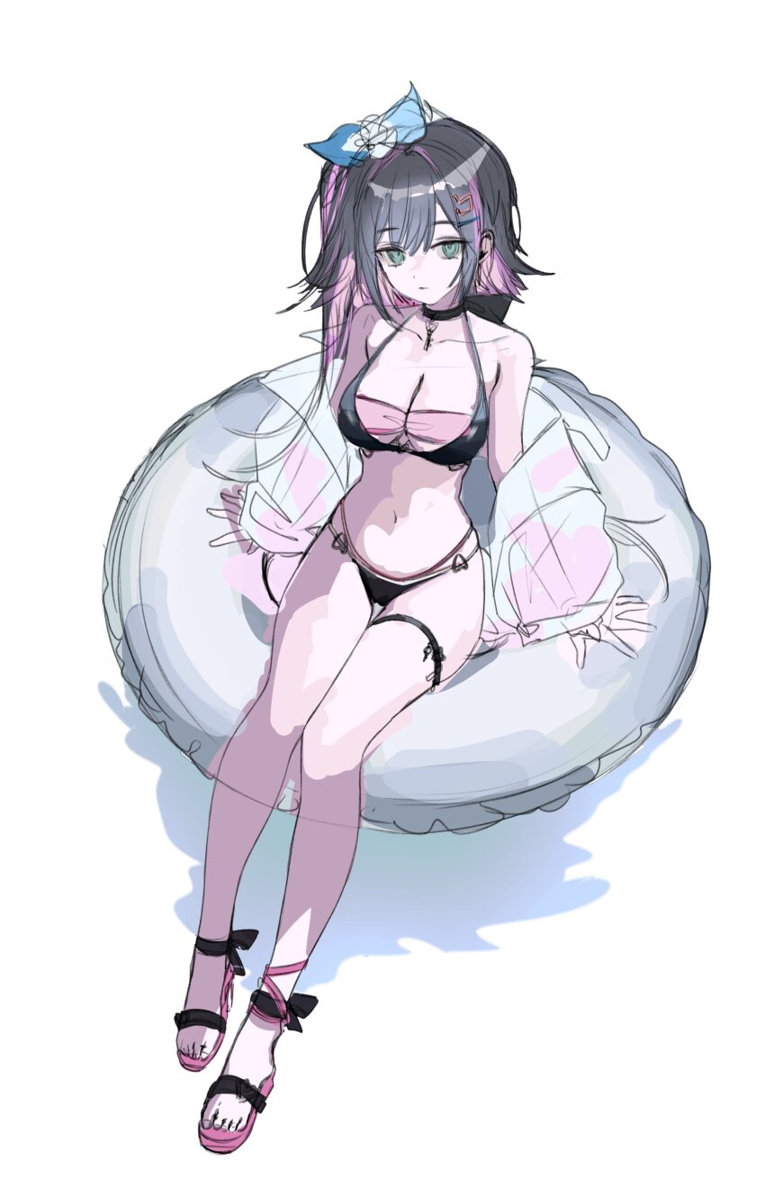 1girl, abigail_(black_survival), absurdres, bare_shoulders, bikini, black_bikini, black_choker, black_hair