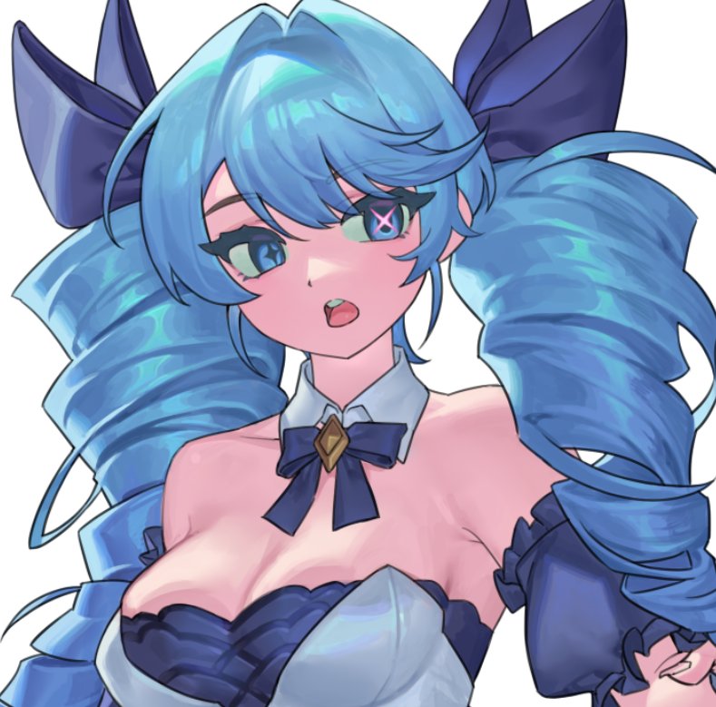 1girl, :o, bare_shoulders, black_bow, black_bowtie, black_sleeves, blue_hair, bow, bowtie, breasts, cleavage, detached_collar, detached_sleeves, furrype4ch, gwen_(league_of_legends), hair_bow, hair_intakes, large_breasts, league_of_legends, long_hair, puffy_short_sleeves, puffy_sleeves, short_sleeves, simple_background, teeth, tongue, upper_body, upper_teeth_only
