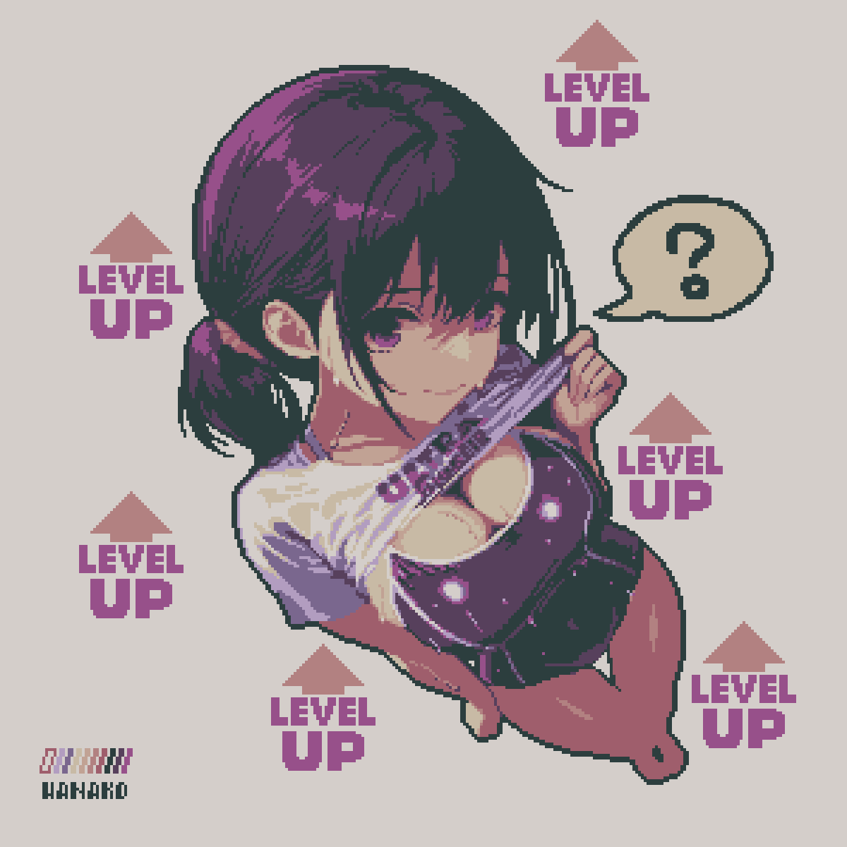 1girl, ?, breasts, cleavage, from_above, highres, level_up, looking_at_viewer