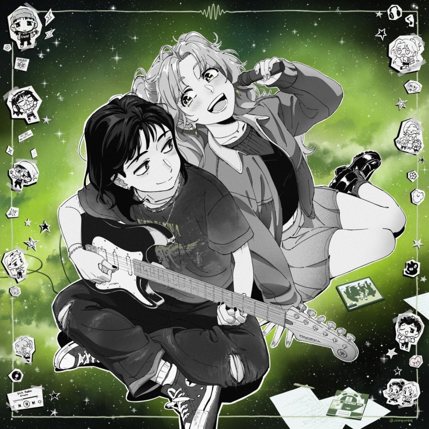 4boys, 6+girls, :d, apron, band_shirt, beanie, bracelet, brothers