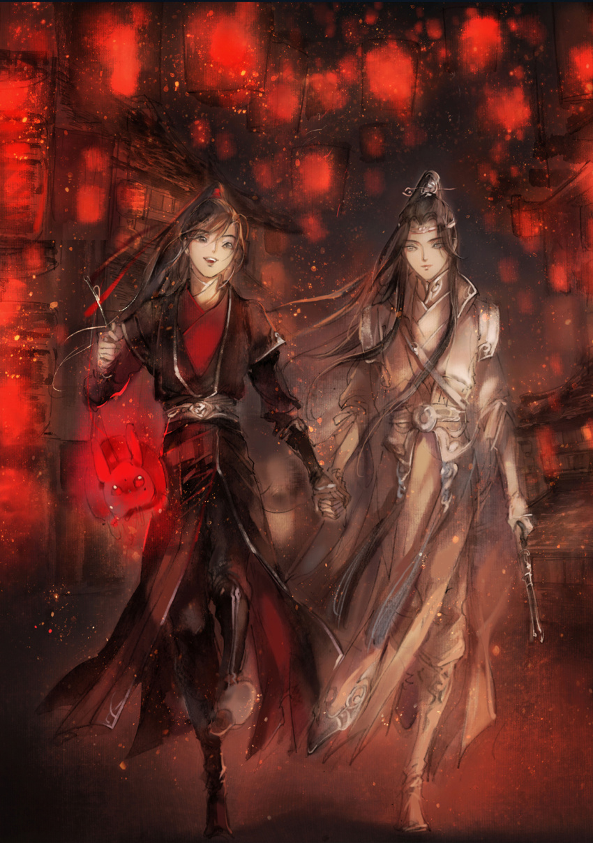 2boys, aged_down, animal_lantern, architecture, bishounen, black_boots, black_hair, black_hanfu