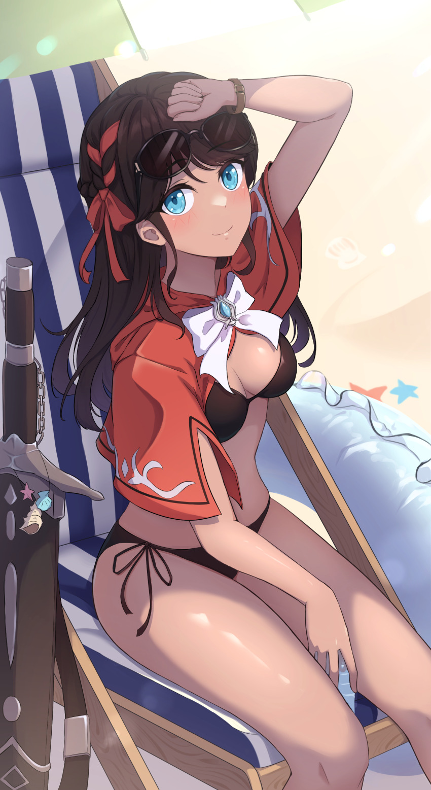 absurdres, beach, beach_chair, beach_umbrella, bikini, black_bikini, blue_eyes, brown_hair