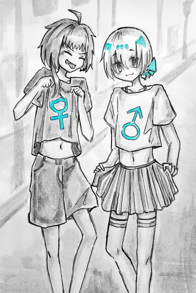 1boy, 1girl, ahoge, aqua_bow, bow, clothes_lift, commentary, crop_top, crossdressing, crossdressing_(ftm), crossdressing_(mtf), english_commentary, hair_bow, mars_symbol, miniskirt, navel, original, partially_colored, pleated_skirt, reverse_trap, road, shirt, short_hair, shorts, side_ponytail, sidewalk, skirt, skirt_lift, smile, spaghetti_strap, t-shirt, thighhighs, tongue, tongue_out, trap, venus_symbol, yueqiu_muli_(qikai0904)