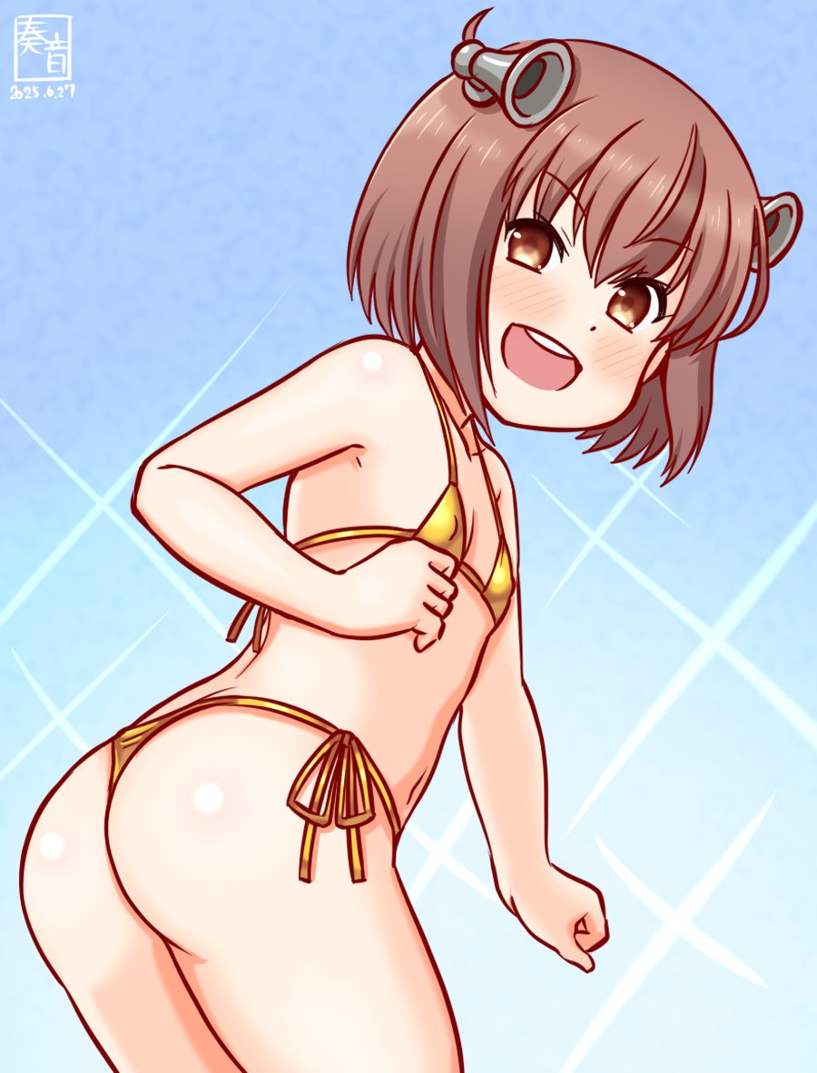 1girl, artist_logo, bikini, blue_background, brown_eyes, brown_hair, commentary_request, covered_erect_nipples