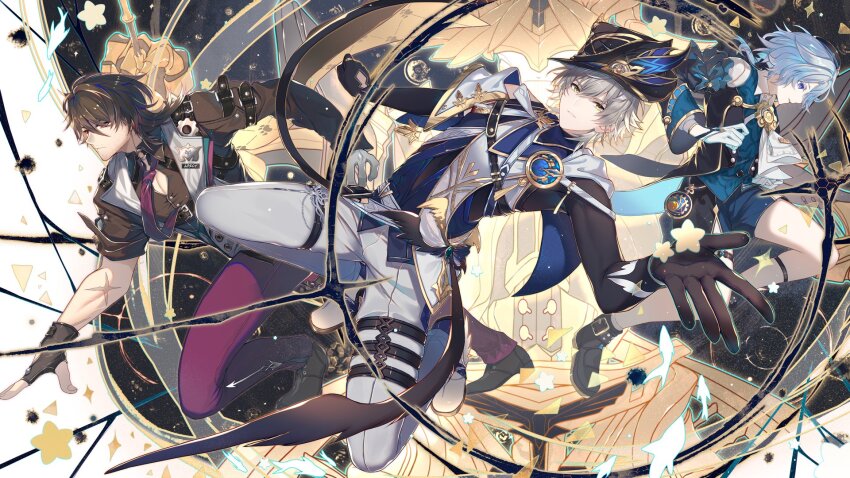 3boys, alternate_costume, aqueasirius, ascot, baggy_shorts, belt, black_belt, black_boots