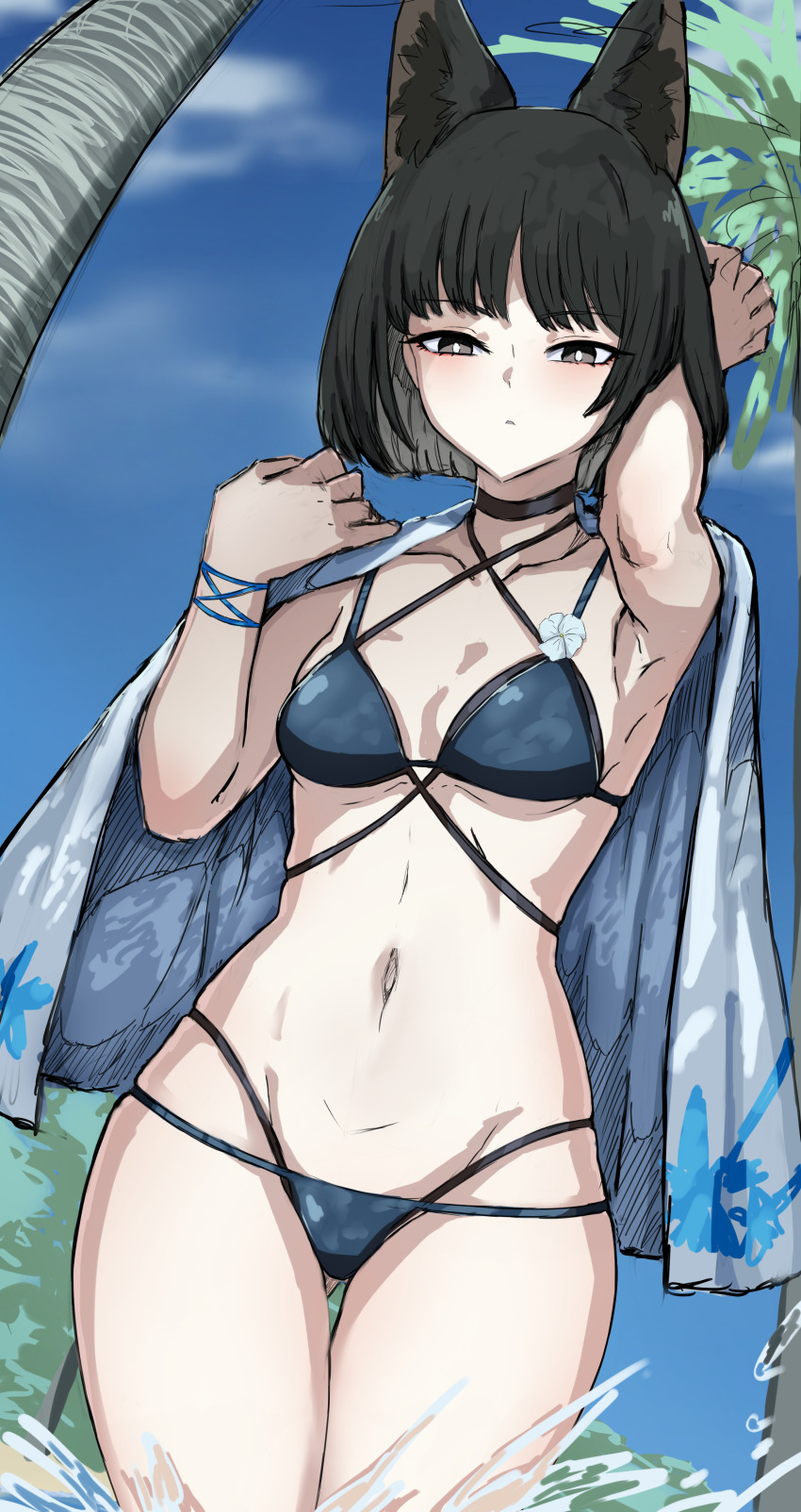 absurdres, animal_ears, beach, bikini, black_choker, black_eyes, blue_archive, blue_bikini