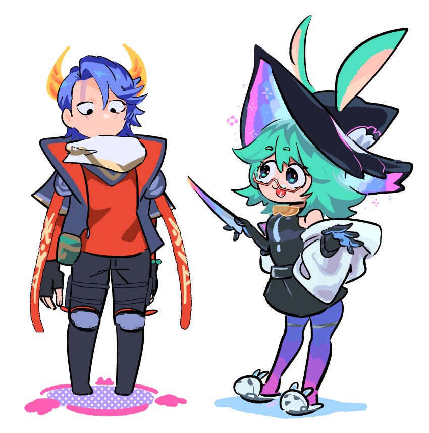 1boy, 1girl, :d, absurdres, animal_ears, aphelios, aurora_(league_of_legends), battle_bunny_aurora