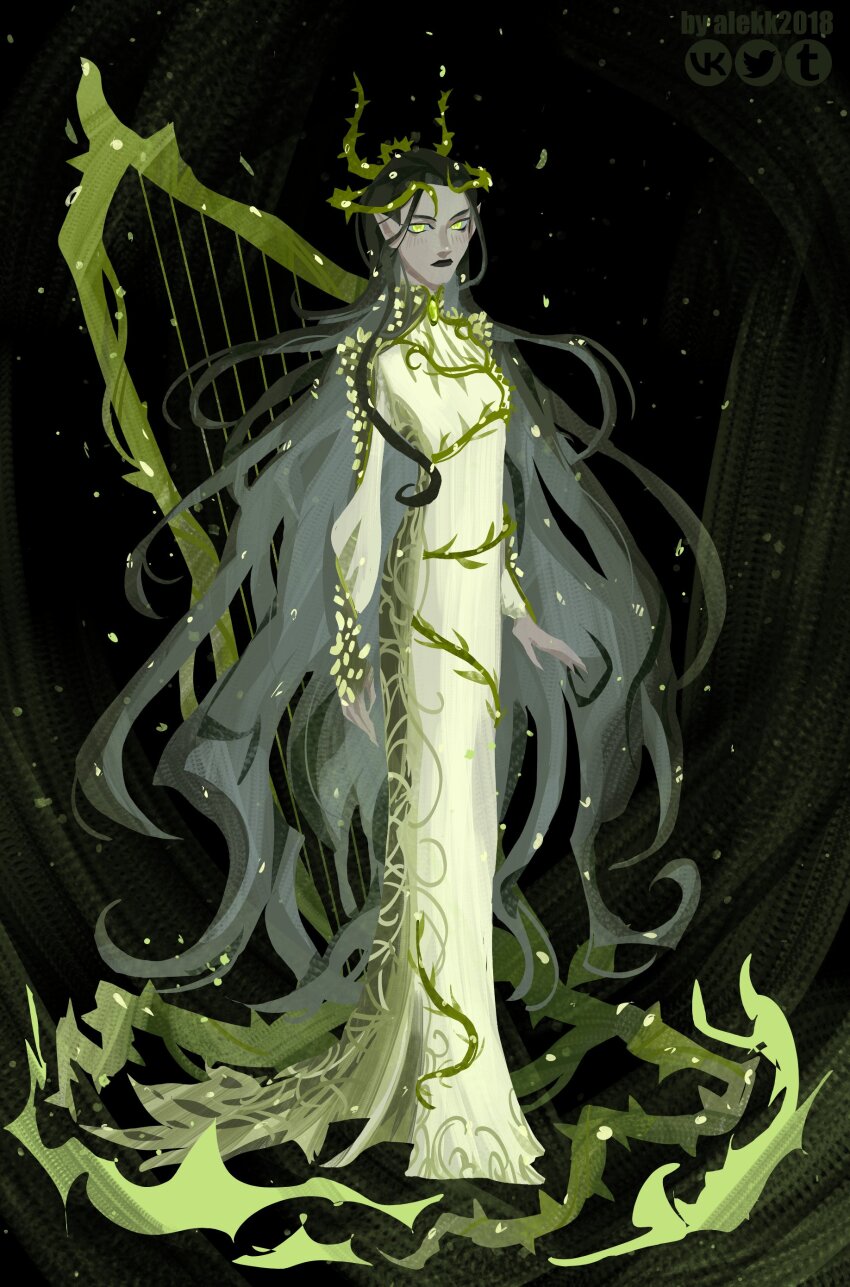 1girl, absurdres, afk_(series), afk_journey, alekk2018, alternate_costume, artist_name, black_hair, brooch, cecia_(afk), dress, full_body, green_eyes, harp, highres, instrument, jewelry, long_dress, long_hair, multicolored_hair, pale_skin, plant, robe, solo, standing, thorns, tumblr_logo, twitter_logo, very_long_hair, vine_print, vines, vkontakte_logo, white_dress