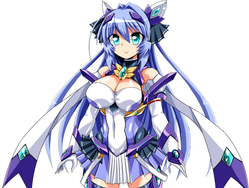 1girl, aqua_eyes, bare_shoulders, blue_eyes, blue_hair, blue_thighhighs, breasts, cleavage