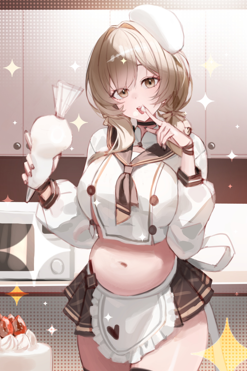 1girl, absurdres, apron, beret, black_choker, black_thighhighs, bow, bready_(nikke)