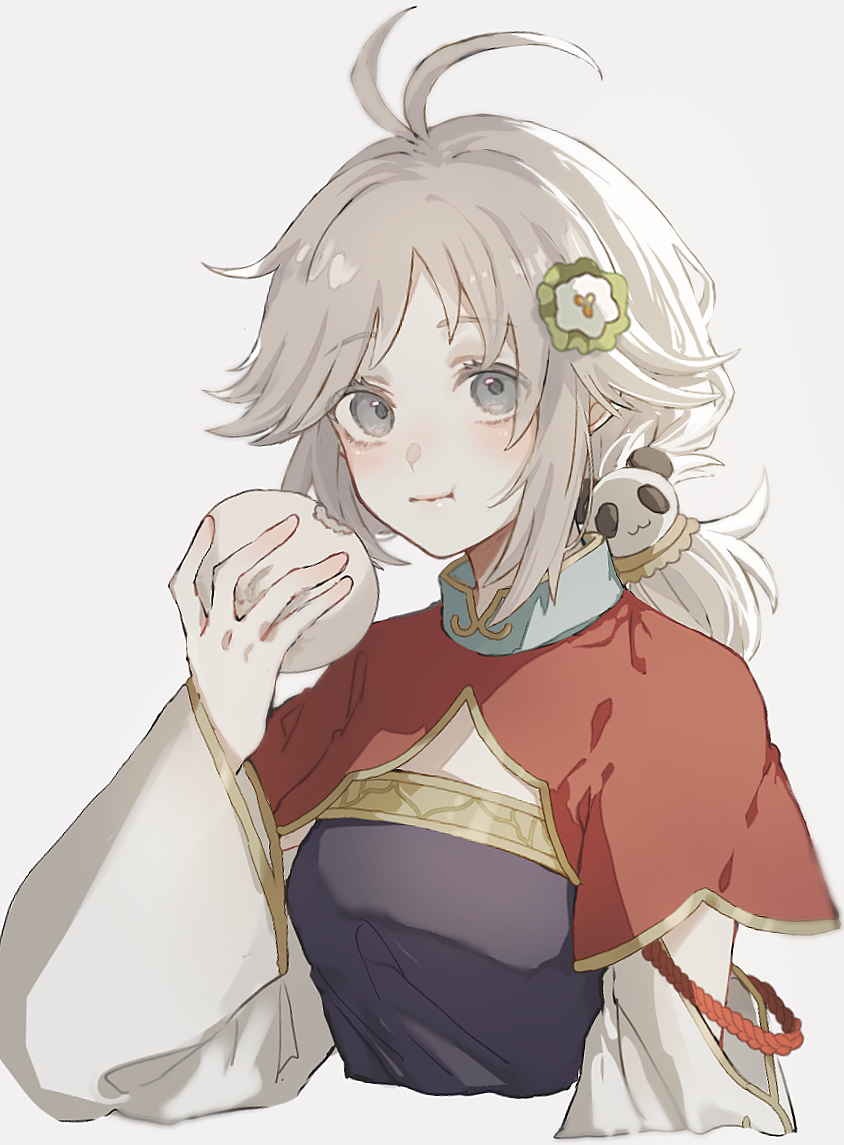 1girl, closed_mouth, commentary_request, eating, food, grey_background, grey_eyes, grey_hair