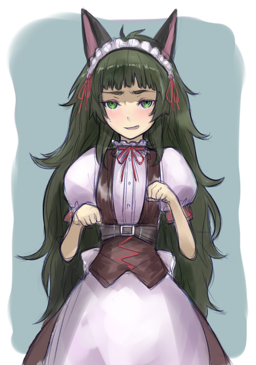 alternate_costume, animal_ears, apron, high-waist_belt, belt_buckle, blush, buckle, cat_ears, dress, embarrassed, enmaided, fake_animal_ears, frilled_dress, frilled_hairband, frills, green_eyes, green_hair, hairband, highres, hiyajou_maho, long_hair, maid, maid_apron, maid_headdress, mayqueen_maid_uniform, menomorute, messy_hair, nervous, nervous_sweating, open_mouth, paw_pose, puffy_short_sleeves, puffy_sleeves, ribbon-trimmed_collar, ribbon-trimmed_corset, ribbon-trimmed_hairband, ribbon-trimmed_sleeves, ribbon_trim, science_adventure, short_sleeves, steins;gate, steins;gate_0, sweat, sweatdrop, very_long_hair, white_apron, wrist_cuffs