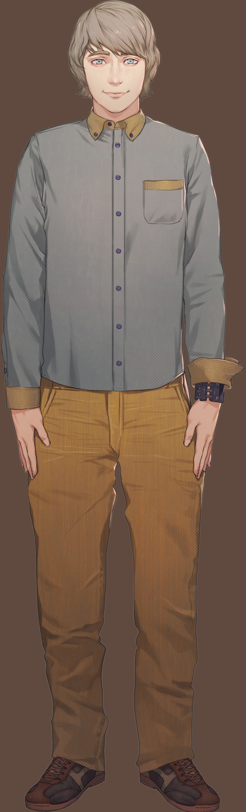 1boy, absurdres, arms_at_sides, blue_eyes, breast_pocket, brown_hair, brown_pants, brown_shoes