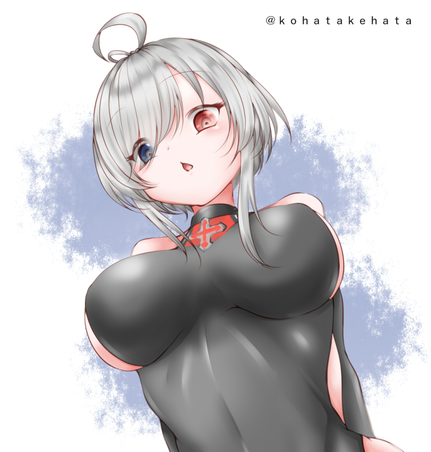 1girl, ahoge, artist_name, azur_lane, bare_shoulders, black_one-piece_swimsuit, blue_eyes, breasts, heterochromia, kohatakehata, large_breasts, looking_at_viewer, one-piece_swimsuit, parted_lips, red_eyes, short_hair, solo, swept_bangs, swimsuit, u-552_(azur_lane), upper_body, white_hair