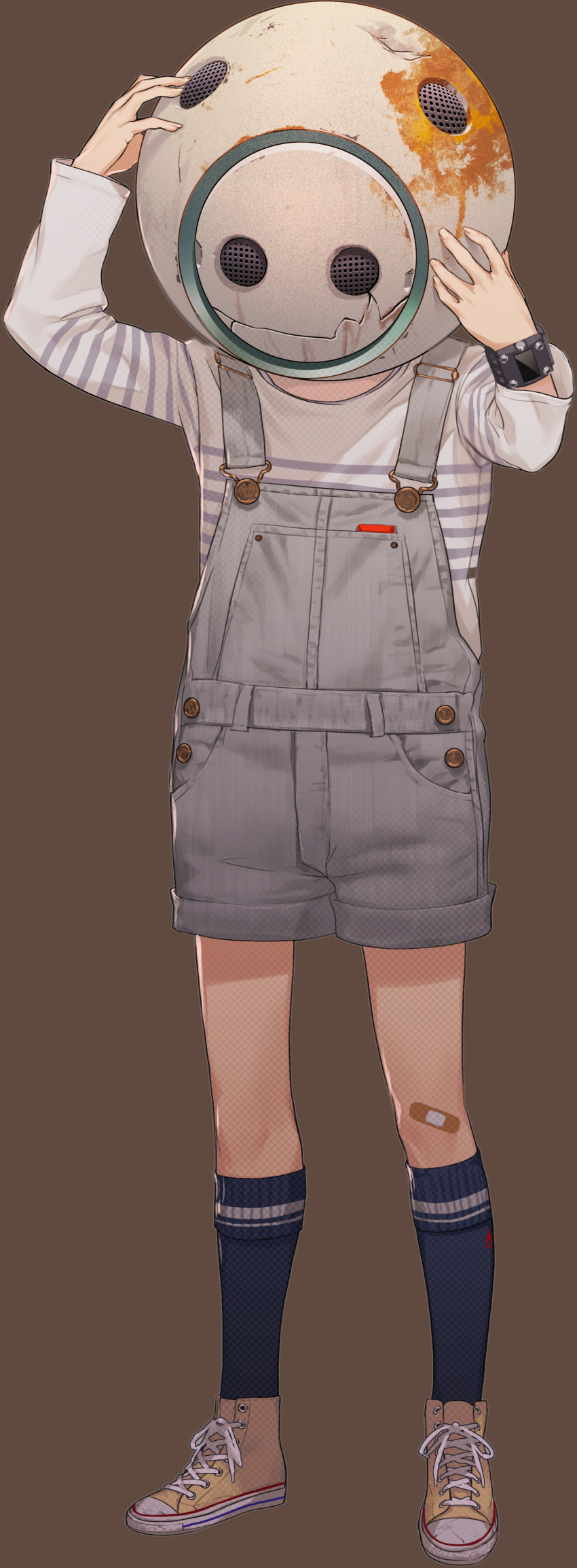 1boy, absurdres, bandaid, bandaid_on_knee, bandaid_on_leg, blue_socks, brown_shoes, buttons, child, crack, full_body, grey_overalls, hands_on_headwear, helmet, highres, kneehighs, kyokugen_dasshutsu, long_sleeves, male_focus, official_art, overalls, q_(kyokugen_dasshutsu), rust, shirt, shoelaces, shoes, socks, solo, standing, striped_clothes, striped_shirt, third-party_source, tomono_rui, transparent_background, watch, wristwatch, zero_escape:_toki_no_dilemma