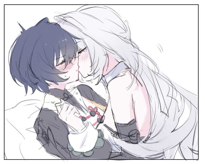 2girls, ame_amean, bare_shoulders, belle_(delicate_sunlight)_(zenless_zone_zero), belle_(zenless_zone_zero), blue_hair, blush, closed_mouth