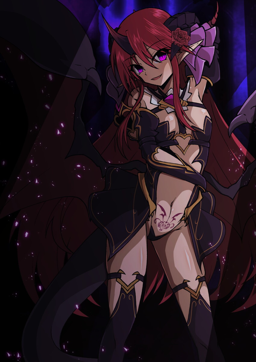 1girl, :d, absurdres, aoi_tabane, arm_behind_head, bare_shoulders, breasts, corruption