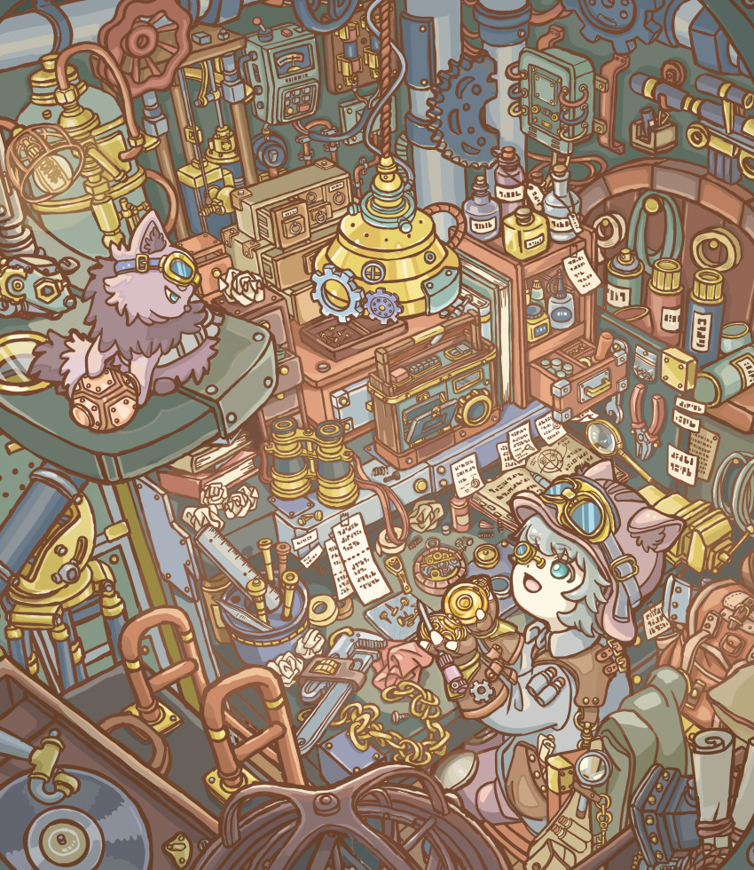 1boy, absurdly_detailed_composition, absurdres, animal_ears, aqua_eyes, binoculars, brown_gloves, cat, chibi, coat, crumpled_paper, deerstalker, fake_text, gears, gloves, goggles, goggles_on_headwear, grey_cat, grey_hair, hat, highres, indoors, kotobuki_koto, loaded_interior, looking_at_another, machinery, magnifying_glass, maine_coon, original, perspective, pliers, ruler, scenery, unworn_coat