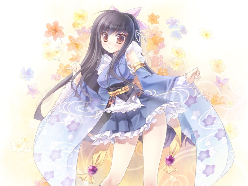 1girl, artist_request, black_hair, blush, detached_sleeves, female_focus, flower, long_hair